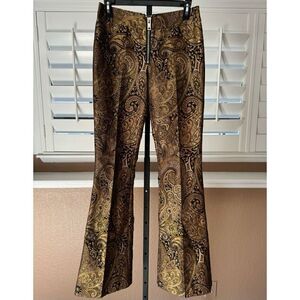 Nasty Gal Women’s XS Jacquard Flare Pants Brown Gold Metallic Zip Front Glam